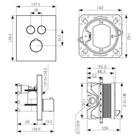 08377 Смеситель KAISER Sano скрытого монтажа с термостатом, 2-х режимный